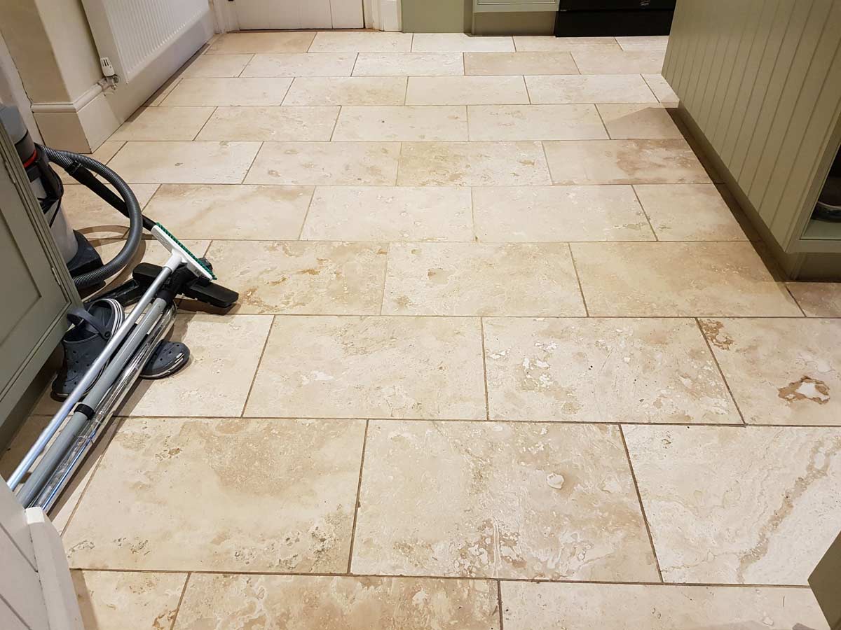 Travertine tile floor cleaning and restoration – Ringmer – before Travertine tile floor cleaning and restoration - Ringmer - before